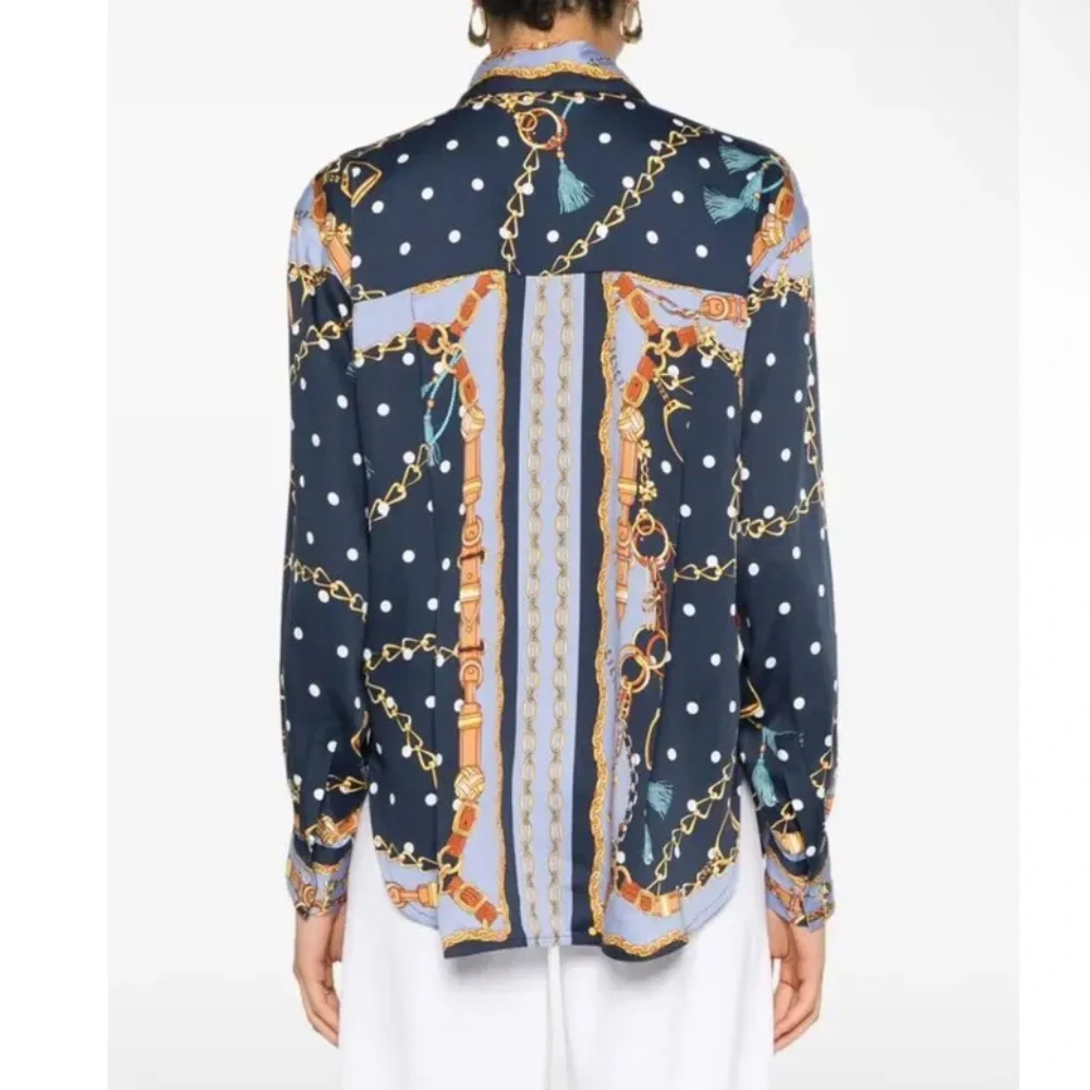 Maje Cechaine Satin Effect Button Up Blue Rope Chain Printed Blouse NEW US 6 - Picture 5 of 11